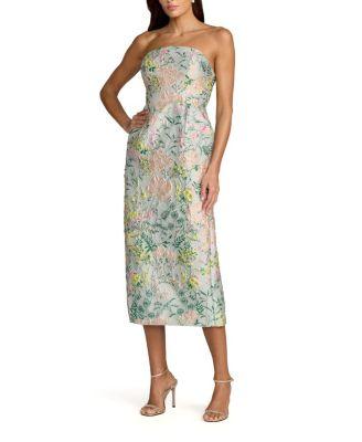 Multicolor Strapless Brocade Midi Dress With Pockets by MAC DUGGAL