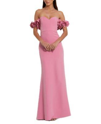 Off-the-Shoulder Crepe Gown with 3D Floral Applique by MAC DUGGAL
