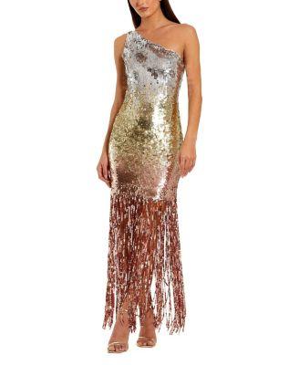 Ombre Sequin Fringe Mesh One Shoulder Gown by MAC DUGGAL