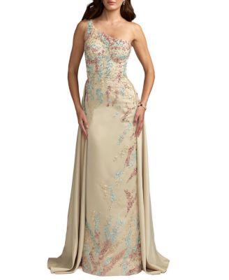 One Shoulder Embellished Satin Gown with Overskirt by MAC DUGGAL