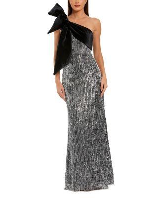 One Shoulder Embellished Sequin Gown with Bow by MAC DUGGAL