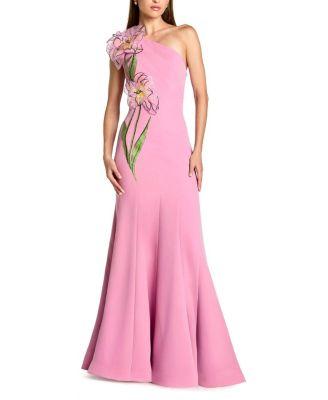 One Shoulder Floral Detail Crepe A Line Gown by MAC DUGGAL