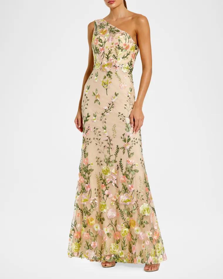 One-Shoulder Floral Embroidered Gown by MAC DUGGAL