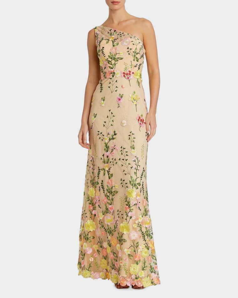 One-Shoulder Floral Embroidered Gown by MAC DUGGAL