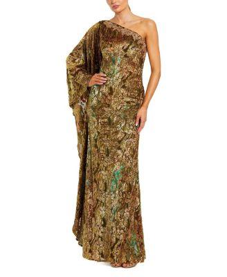One Shoulder Metallic Burnout Velvet Evening Gown by MAC DUGGAL