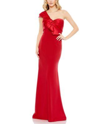 One Shoulder Pleated Bow Bodice Detail Trumpet Gown by MAC DUGGAL