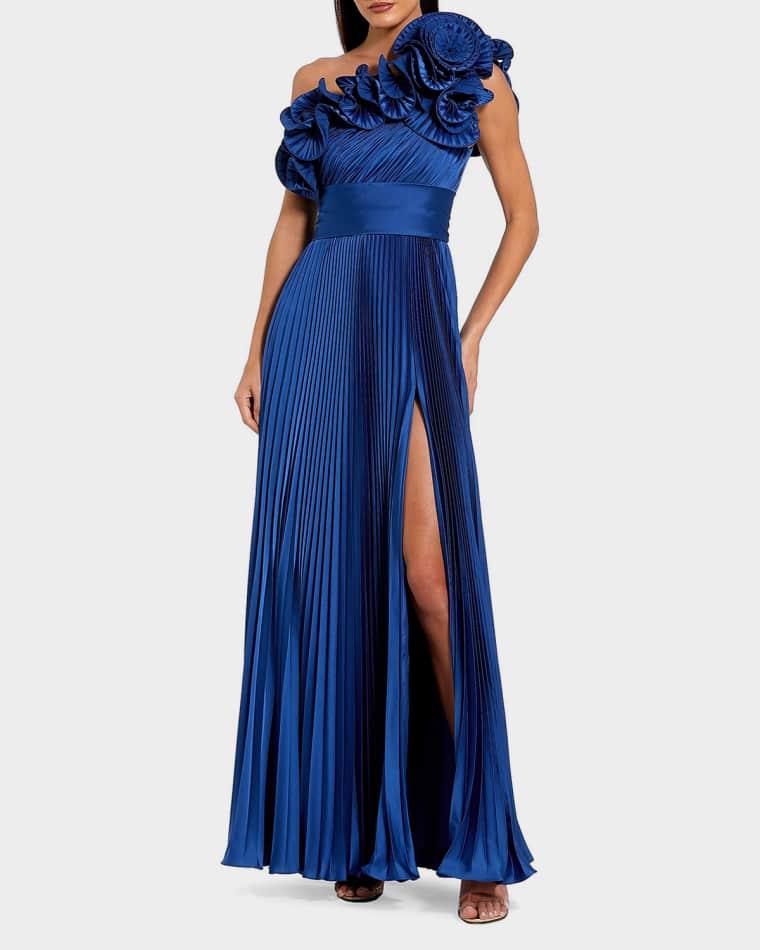 One-Shoulder Pleated Charmeuse Ruffle Gown by MAC DUGGAL