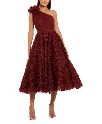 One Shoulder Rosette A-Line Midi Dress with 3D Flower by MAC DUGGAL