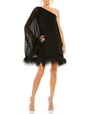 One Shoulder Trapeze Dress with Feather Trim by MAC DUGGAL