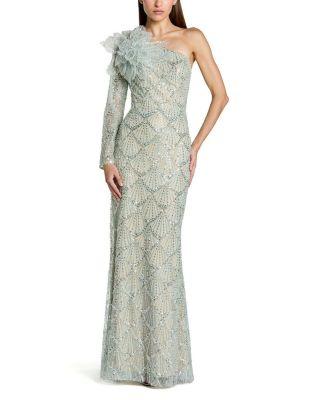 One Sleeve 3D Flower Sequin Column Gown by MAC DUGGAL