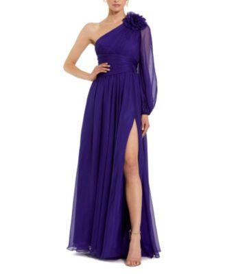 One Sleeve Ruched Chiffon Gown with 3D Flower by MAC DUGGAL