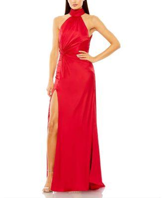 Open Back High Neck Side Ruched Gown by MAC DUGGAL