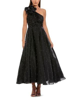 Pearl Beaded Organza One Shoulder Midi Dress by MAC DUGGAL