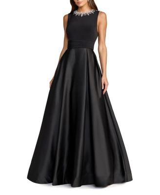 Pearl-Embellished High-Neck Sleeveless A-Line Evening Gown by MAC DUGGAL