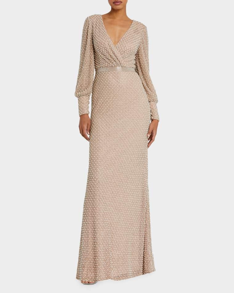 Pearl-Embellished Long-Sleeve Gown by MAC DUGGAL