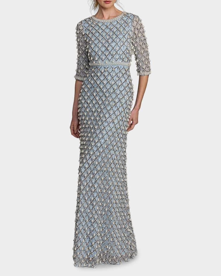 Pearly-Embellished Beaded Mesh Gown by MAC DUGGAL