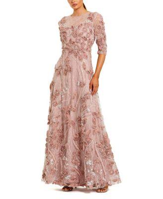 Petite 3/4 Sleeve High Neck Embroidered A Line Gown by MAC DUGGAL