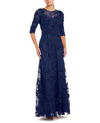 Petite 3/4 Sleeve High Neck Embroidered A-Line Gown by MAC DUGGAL