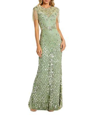 Petite Beaded Fringe High-Neck Fitted Evening Gown by MAC DUGGAL