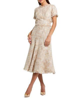 Petite Beige Boucle Short Sleeve A Line Midi Dress by MAC DUGGAL