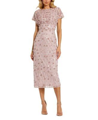 Petite Cap Sleeve Sheath Midi Dress With Floral Beading by MAC DUGGAL