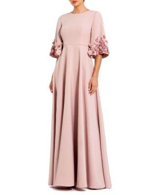 Petite Crepe 3/4 Sleeve A-line Gown With Flower Trim by MAC DUGGAL