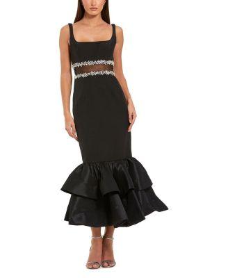 Petite Crepe Midi Dress with Jewel Detail & Ruffle Hem by MAC DUGGAL