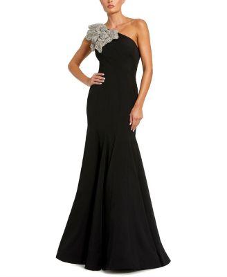 Petite Crepe One Shoulder Gown with Flower Detail by MAC DUGGAL