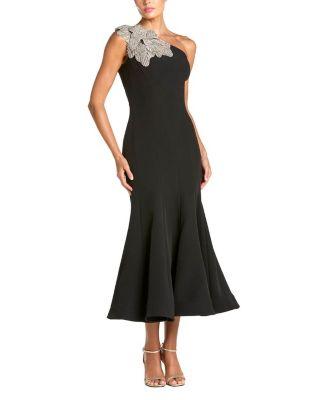 Petite Crepe One Shoulder Mermaid Midi Dress with Flower by MAC DUGGAL