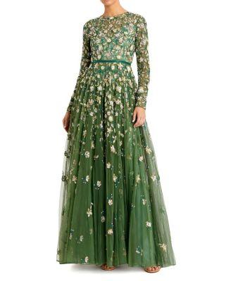 Petite Embellished High Neck Long Sleeve A-Line Gown by MAC DUGGAL