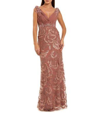 Petite Floral Beaded Chiffon V-Neck Evening Gown by MAC DUGGAL
