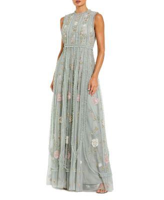 Petite Floral Mesh Sleeveless A Line Micro Ruffle Gown by MAC DUGGAL
