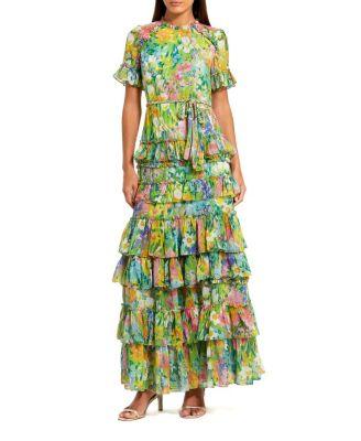 Petite Green Ruffle Tiered Chiffon Floral Dress by MAC DUGGAL