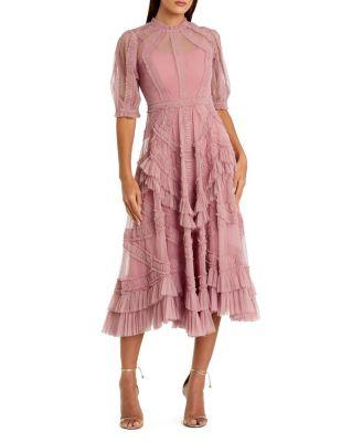 Petite High Illusion Neck Ruffle Tiered A-Line Midi Dress by MAC DUGGAL