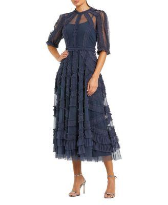 Petite High Illusion Neck Ruffle Tiered A-Line Midi Dress by MAC DUGGAL