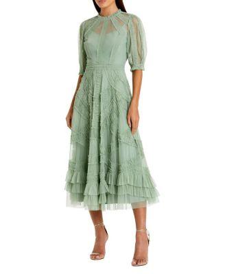 Petite High Illusion Neck Ruffle Tiered A-Line Midi Dress by MAC DUGGAL
