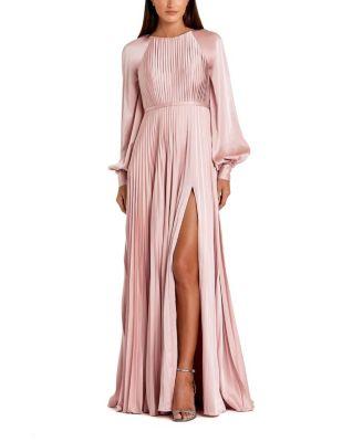 Petite Long Sleeve Pleated High Neck Gown with Slit by MAC DUGGAL