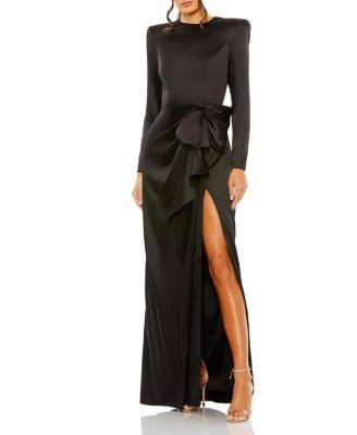 Petite Long Sleeve Satin Structured Bow Draped Column Gown by MAC DUGGAL