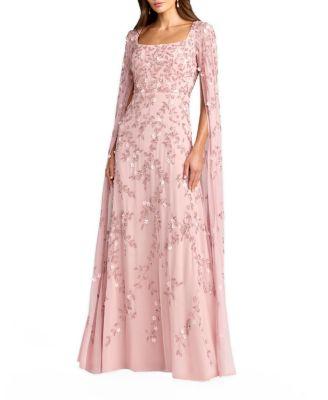 Petite Pink Beaded Georgette Square Neck Cape Sleeve Gown by MAC DUGGAL