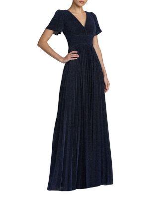 Petite Pleated Metallic Flutter Sleeve A Line Gown by MAC DUGGAL