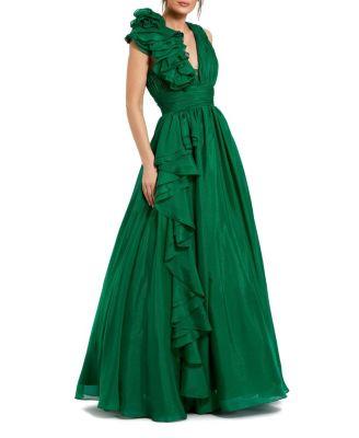 Petite Ruffle Shoulder V-Neck Chiffon Gown by MAC DUGGAL