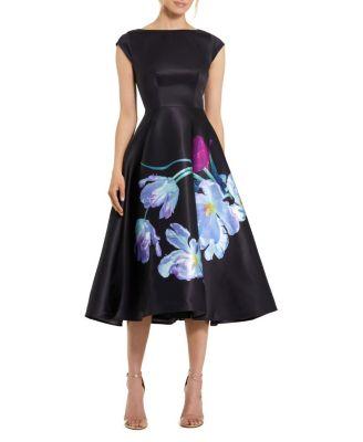 Petite Satin Cap Sleeve Midi Dress with Floral Print by MAC DUGGAL