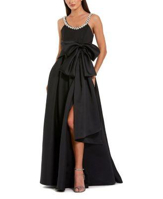 Petite Satin Gown With Pearl Neckline and Bow Detail by MAC DUGGAL