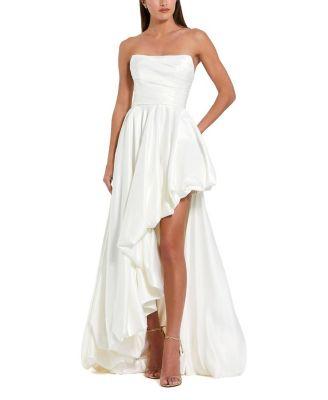 Petite Strapless High-Low Satin Gown with Draped Skirt by MAC DUGGAL