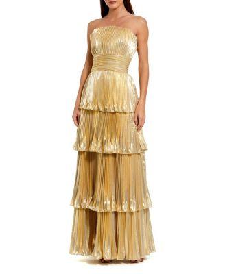 Petite Strapless Pleated Metallic Layered High Low Gown by MAC DUGGAL