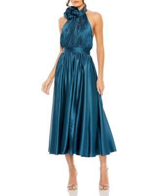 Pleated Charmeuse High Neck Sleeveless Midi Dress by MAC DUGGAL