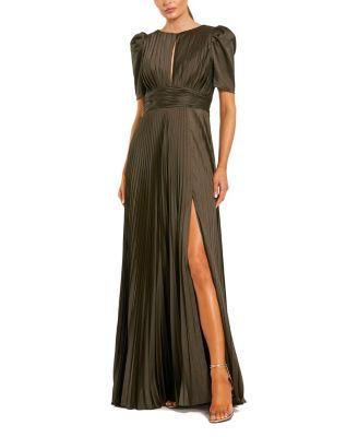Pleated Charmeuse Puff Sleeve Evening Gown With Slit by MAC DUGGAL