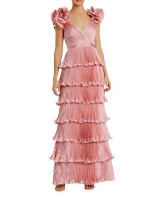 Pleated Charmeuse Tiered Gown with Ruffle Straps by MAC DUGGAL