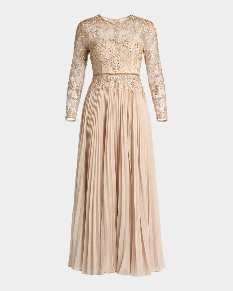 Pleated Chiffon and Bead-Embroidered Mesh Gown by MAC DUGGAL