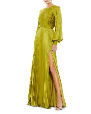 Pleated High Neck Raglan Long Sleeve Side Slit Gown by MAC DUGGAL